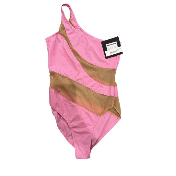 Norma Kamali Large $265 NWT Pink Mio Mesh Cut-Out One-Piece Swimsuit Bathingsuit - Picture 3 of 7